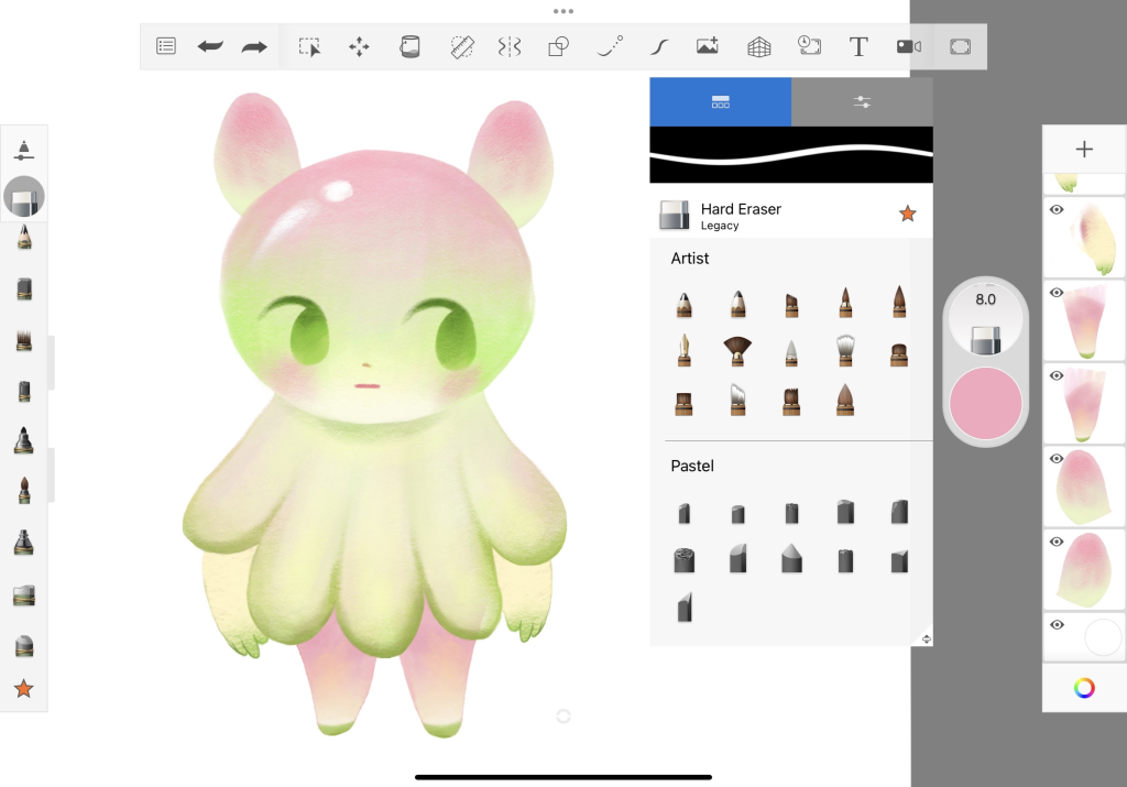 Screenshot of a drawing done in Sketchbook Pro on iOS, featuring a plant creature drawn in crayon and pencil textures. It shows a full view of the tool selection menu.