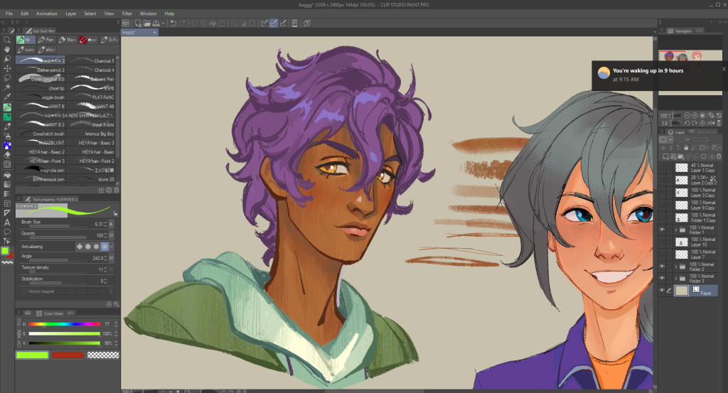 Clip Studio Paint software window, with my drawings.