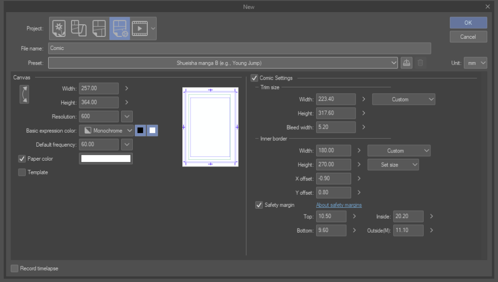 Screenshot of the New Document menu for Comic Panel Projects.