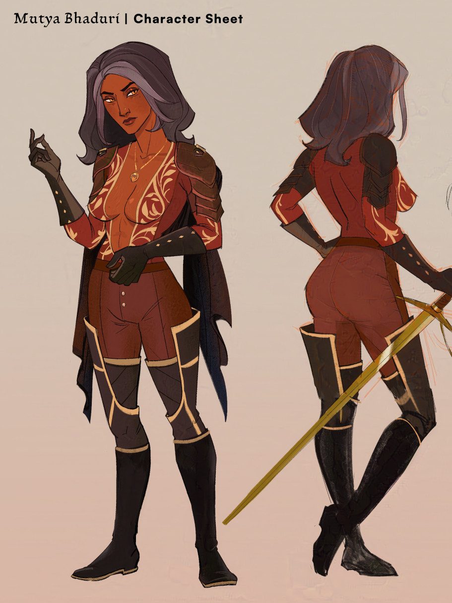 South Asian female D&D Bard character design sheet featuring heroic fantasy archetype. She has dark tan skin and wears a red costume with gold accents, black high boots, gloves, and shoulder capes.