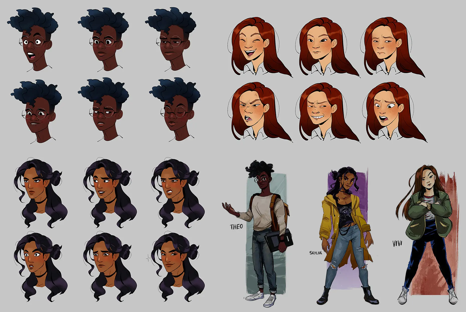 Character designs and expressions of casual college students featuring a Black man, a Latino person and an Asian woman