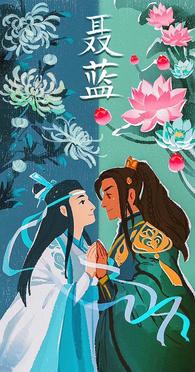 A couple in historical Chinese robes holding hands under flowers