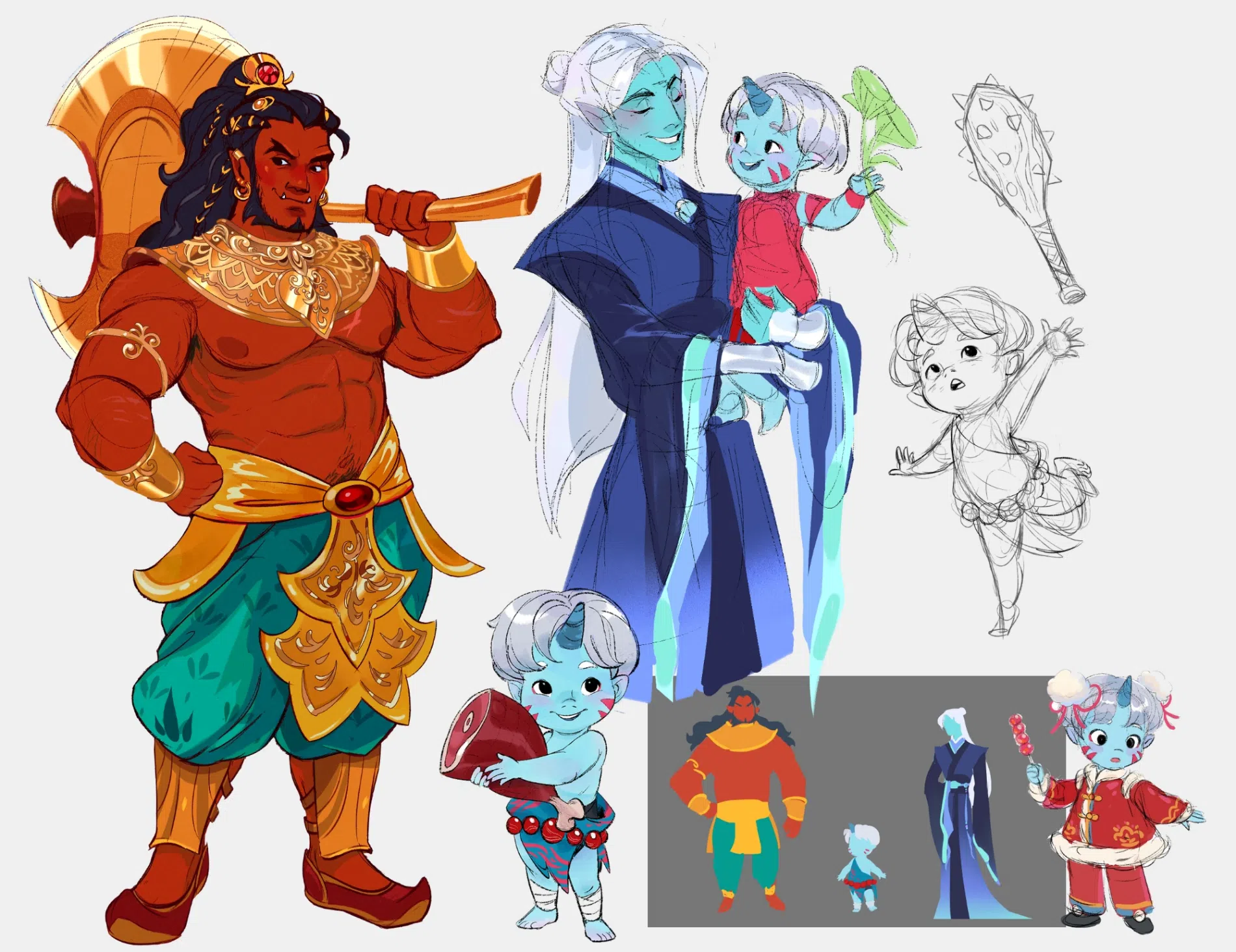 Collection of fantasy characters, a blue oni baby and his two fathers, a giant red orc barbarian and an blue moon elf monk