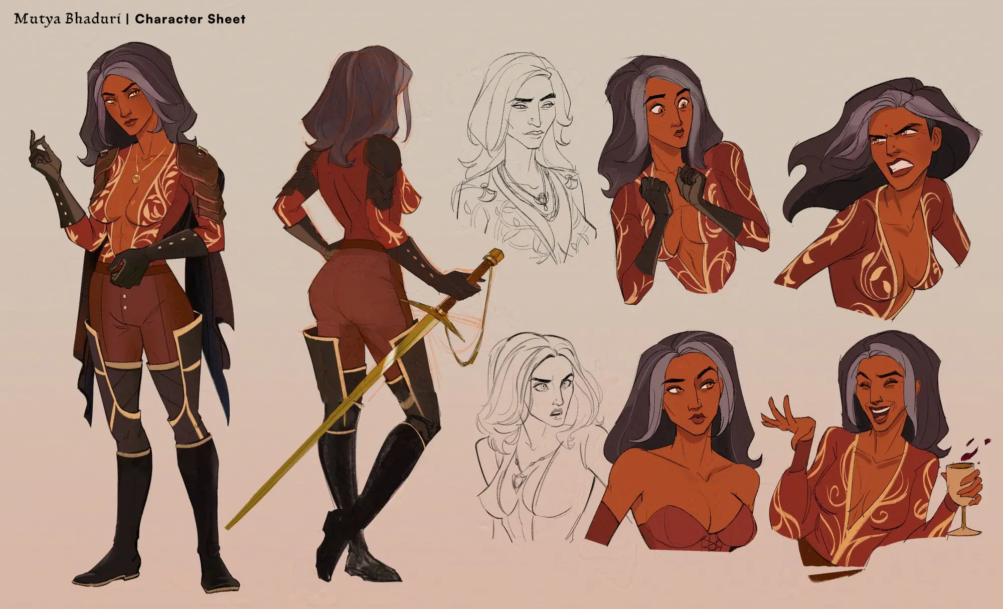 Character sheet of Mutya heroic female bard in fantasy attire, wielding a sword in a Dungeons & Dragons setting