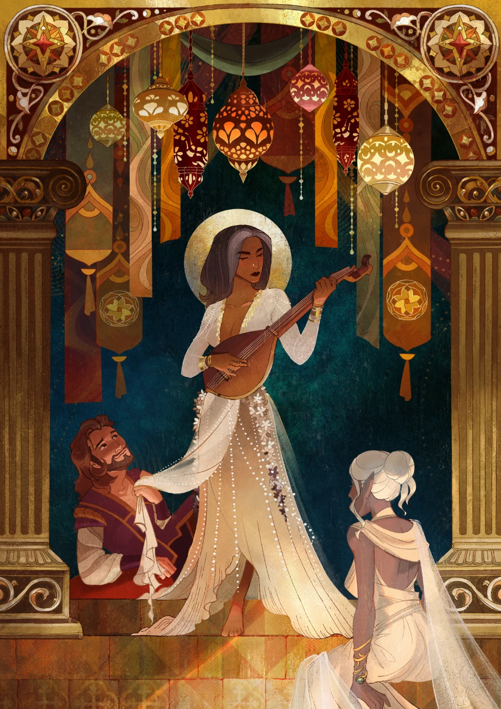 A beautiful bard surrounded by lanterns and gold decor with two of her lovers sitting and laying on stairs