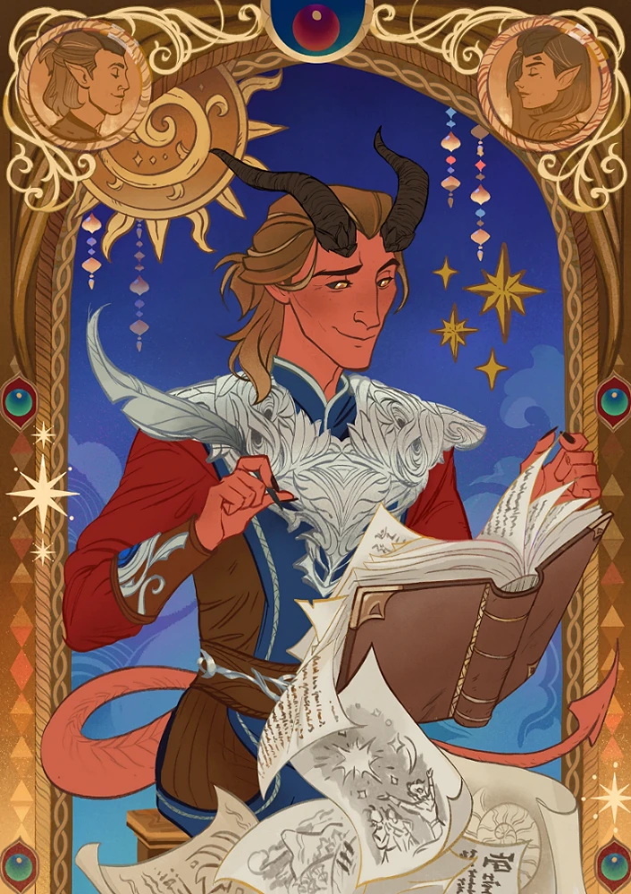 Rolan from BG3 sitting at a window writing scrolls surrounded by an art deco frame