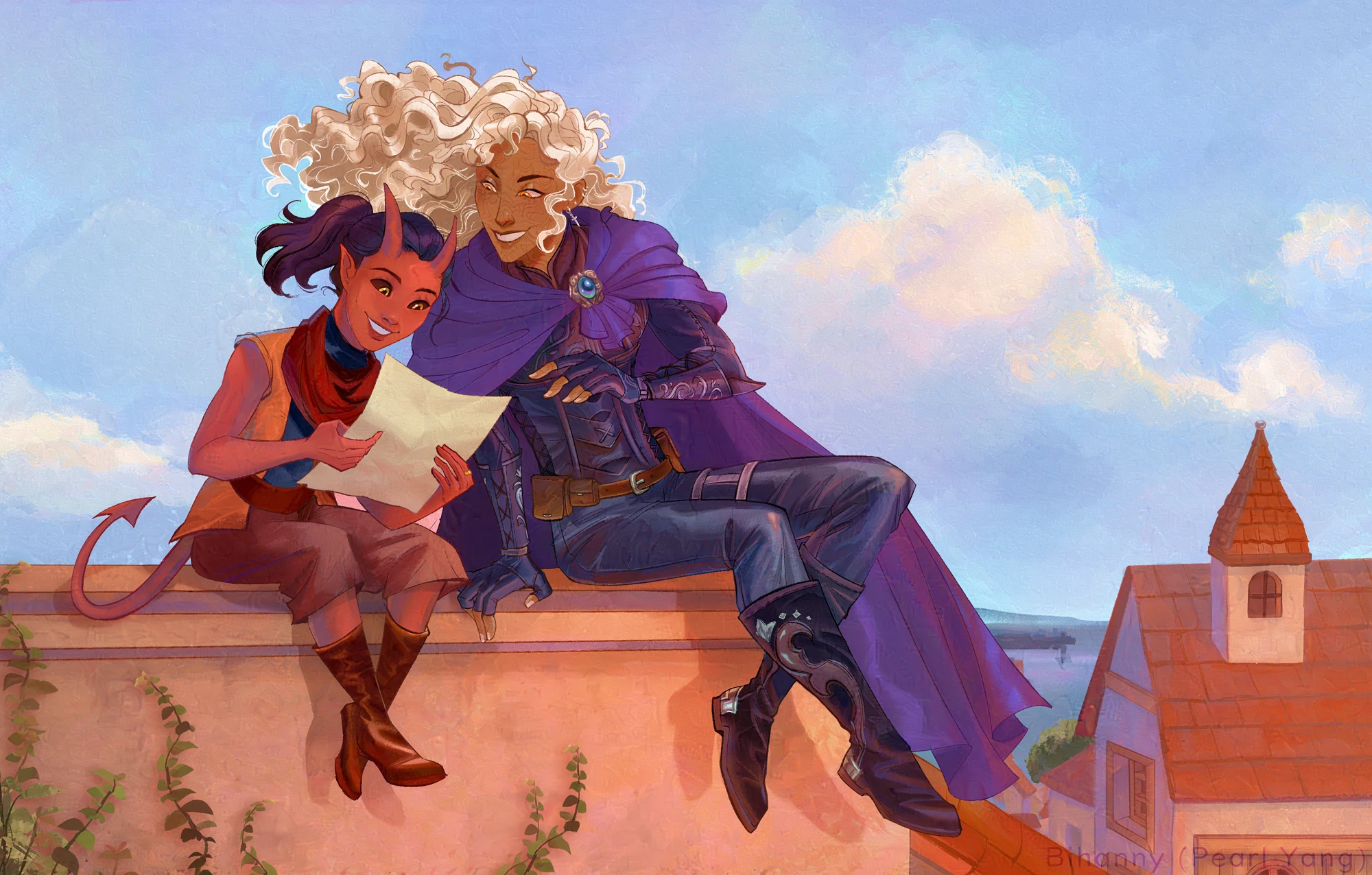 Characters belong to Cadence, two people sitting on a coastal rooftop admiring a drawing