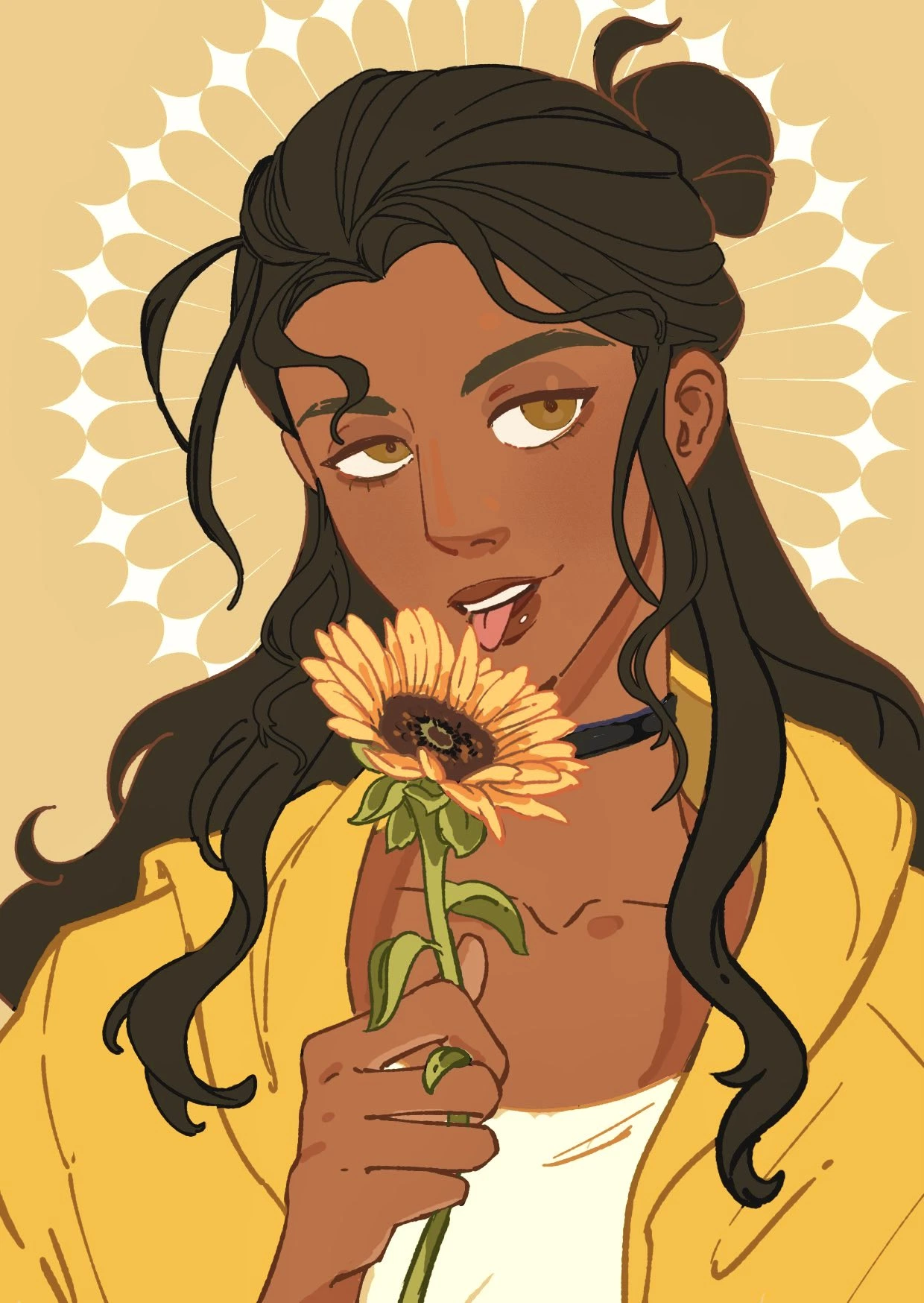 Young tanned model with long black hair, in yellow raincoat licking a sunflower
