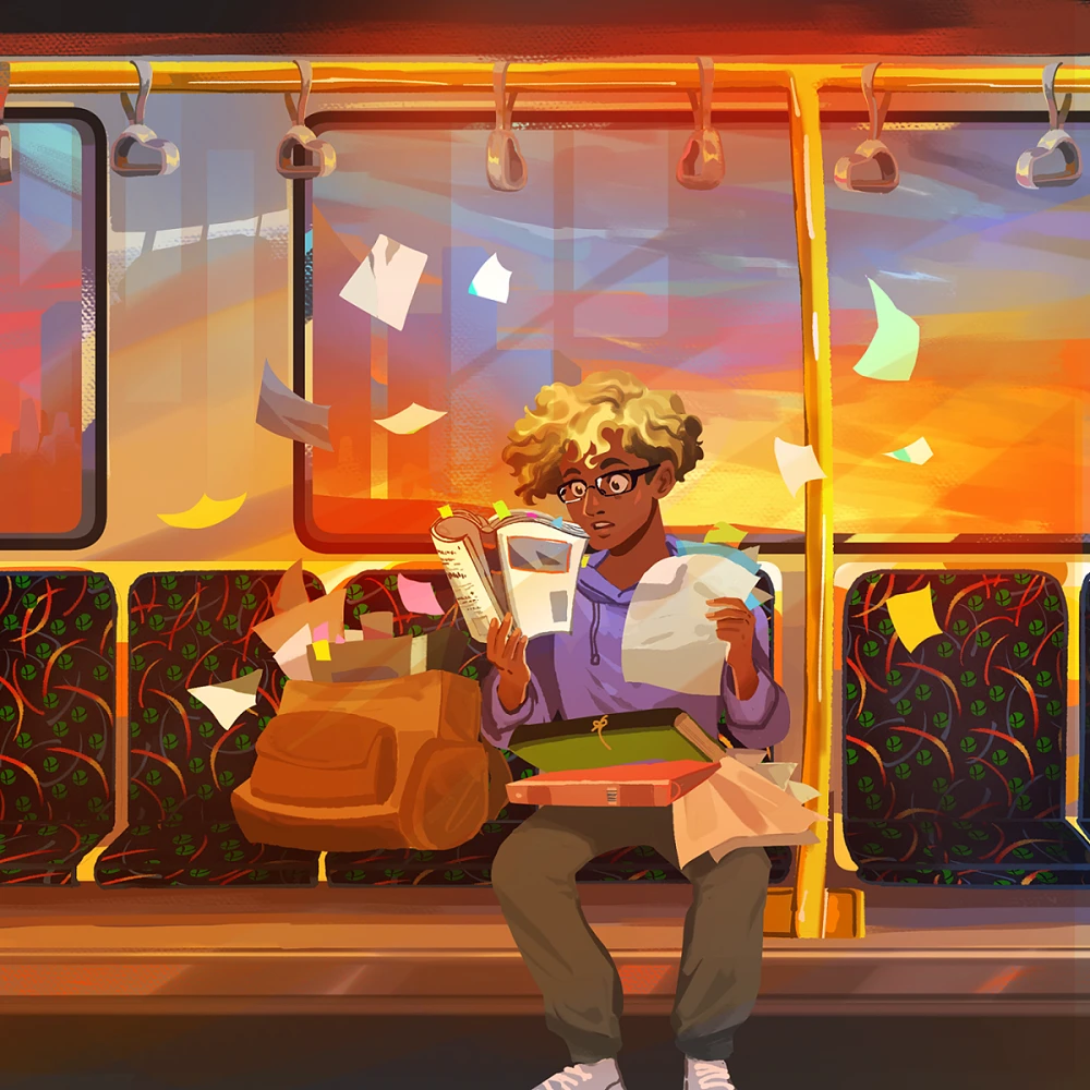 Student travelling on train with flying papers books, sunrise