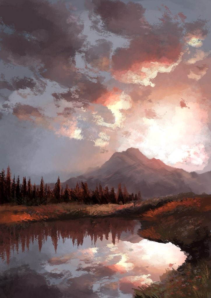 Autumn landscape of mountain with pine forest, grassy land, lake reflecting the sunrise