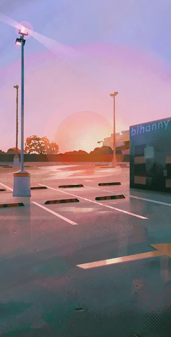 Landscape speedpaint of a car park at sunset, wet puddles on roads