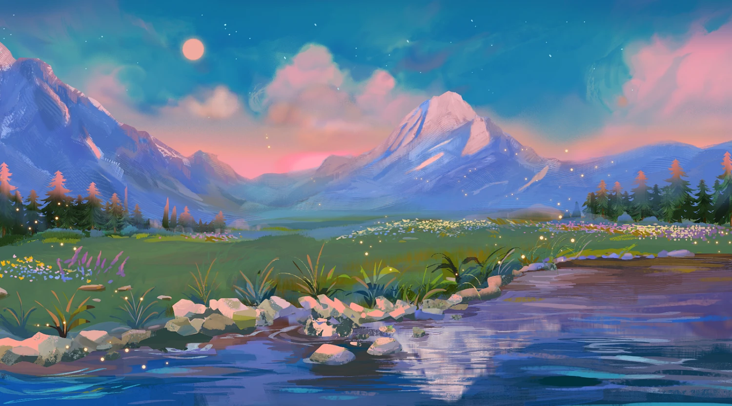 speedpaint forest and lake with snowy mountain with a pink, dusk sky