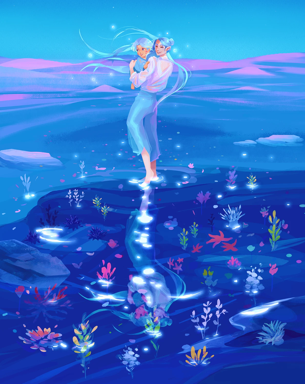 An elf holding his child dancing on a beach with sea creatures in rockpool